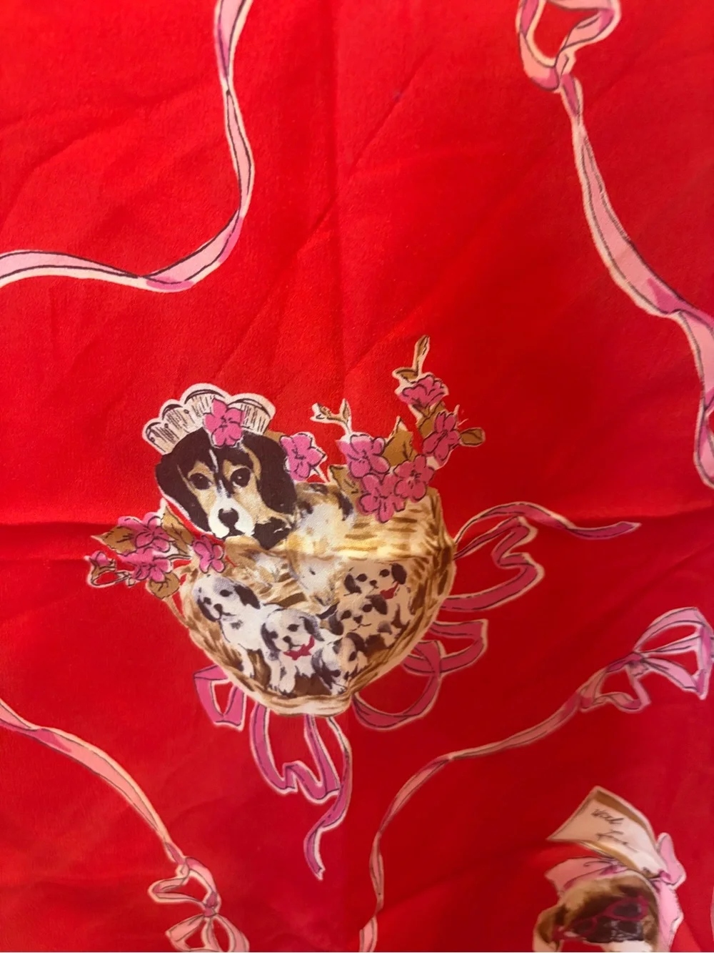 Silk Red Printed Scarf with Ribbon‎ and Floral Motif, Elaine Gold